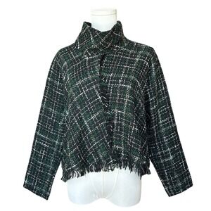 Zara Black Green Plaid‎ Tweed Cropped Sweater Top Fringe Sz M